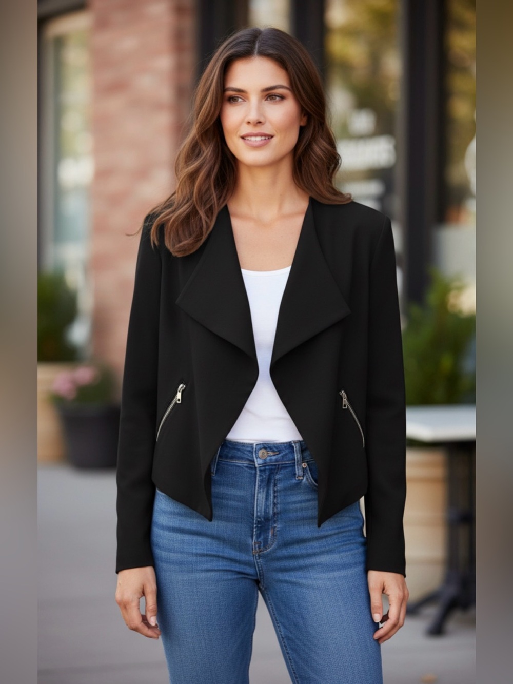 Banana Republic Women’s 00‎ Black Cropped Open Jacket Zip Pockets Moto Edgy